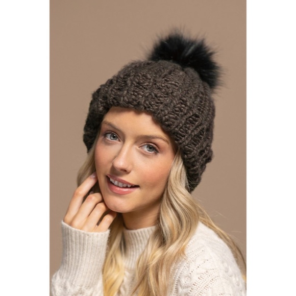 Accessories - SOLD OUT Dark Brown Soft Cable Knit Basic Sweater Winter Fur Pompom Beanie Hat